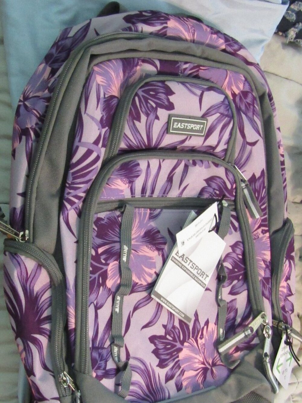 NWT EASTSPORT DIAMOND EXPANDABLE BACKPACK Purple Flowers 100% Recycled Materials